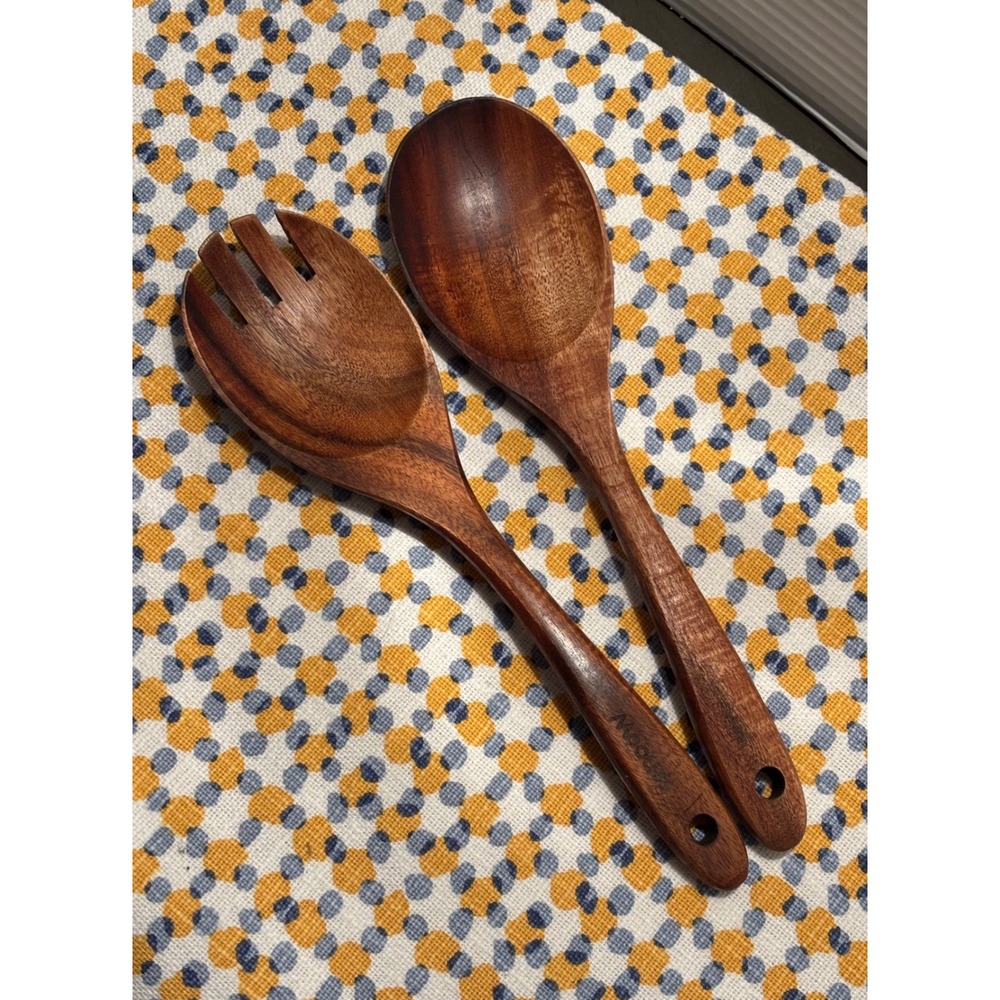 Mooues Wood Salad Servers Set 2 Piece Serving Spoon and Fork Brown